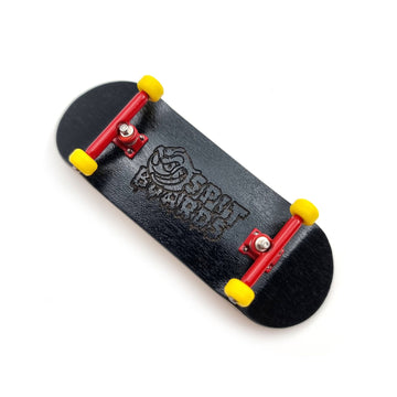 34 mm Fingerboard Complete Wood Pro Set-Up (Pre-Assembled, 5-Layers), Pro Trucks, CNC Bearing Wheels, Foam Grip Tape | Burning Midnight (deck: black | trucks: red | wheels: yellow) 34 mm Pro Fingerboard SPITBOARDS